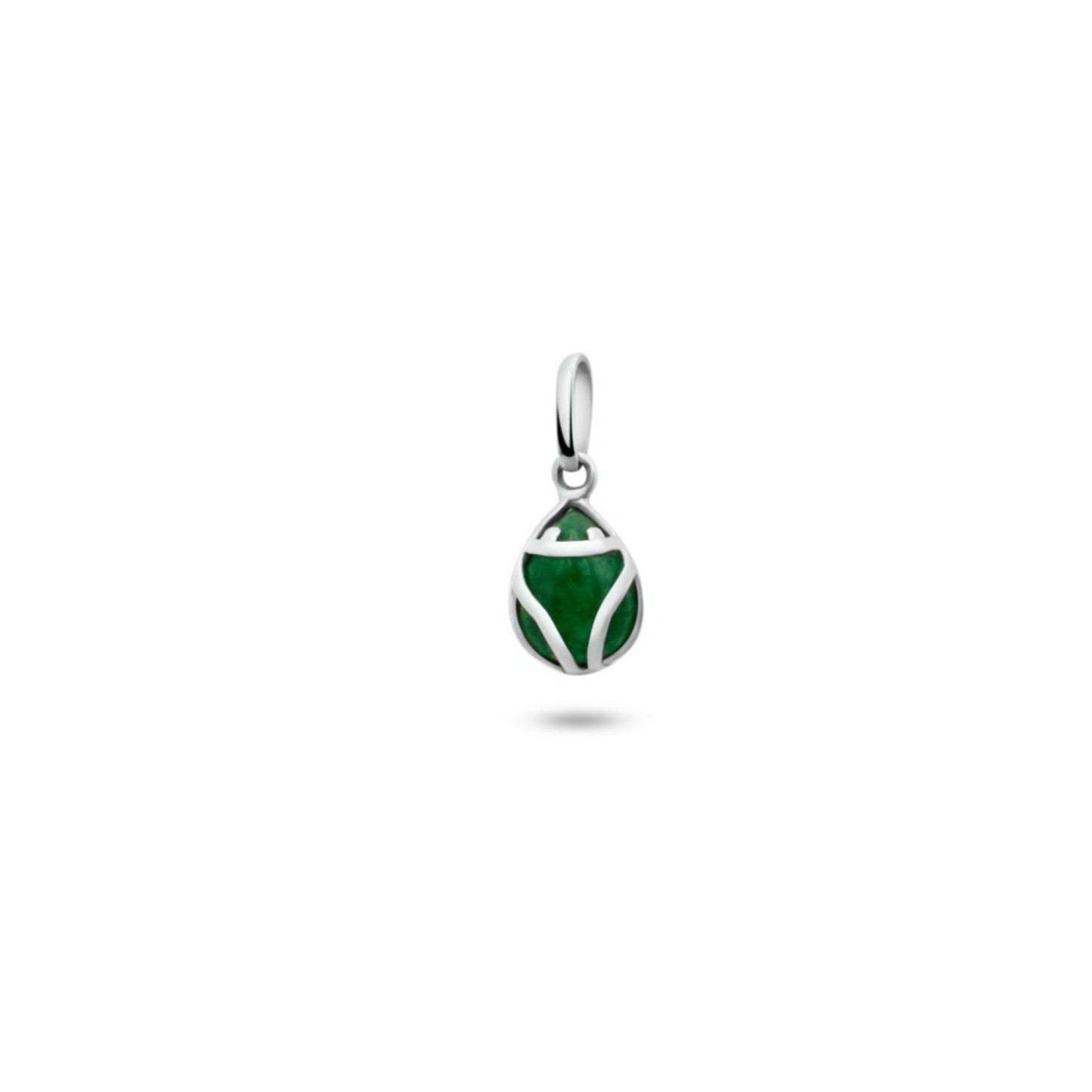 Sleek silver pendant showcases a vibrant green jade frog, with a minimalist design on a white background.