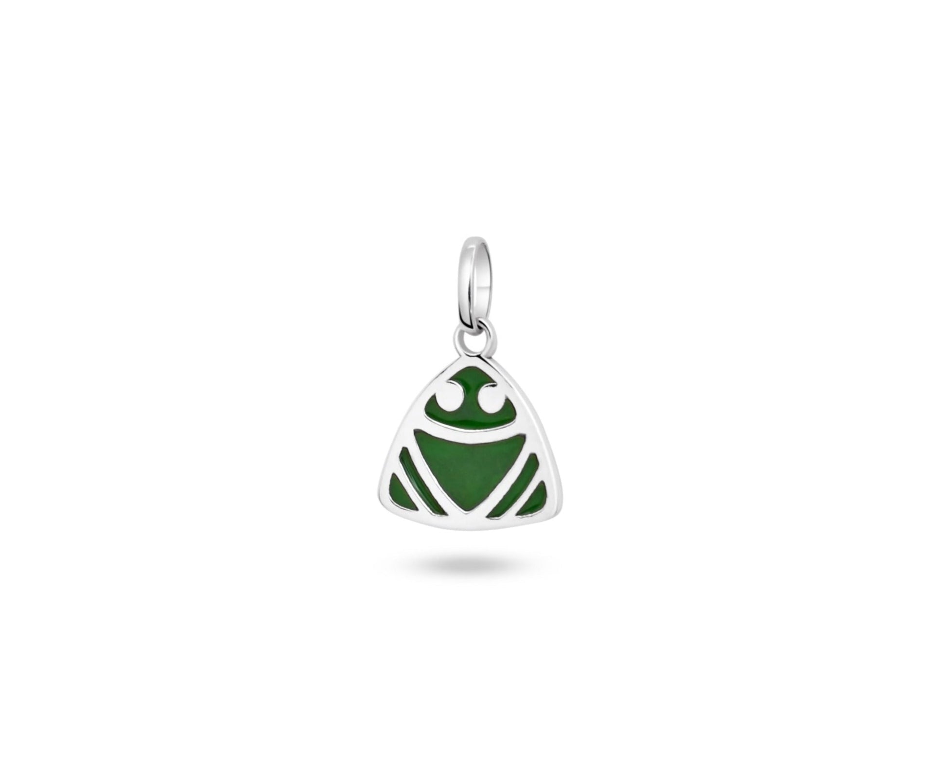 Sterling silver pendant crafted with malachite powder inlay, forming a stylized muiraquita frog design, suspended elegantly on a white background