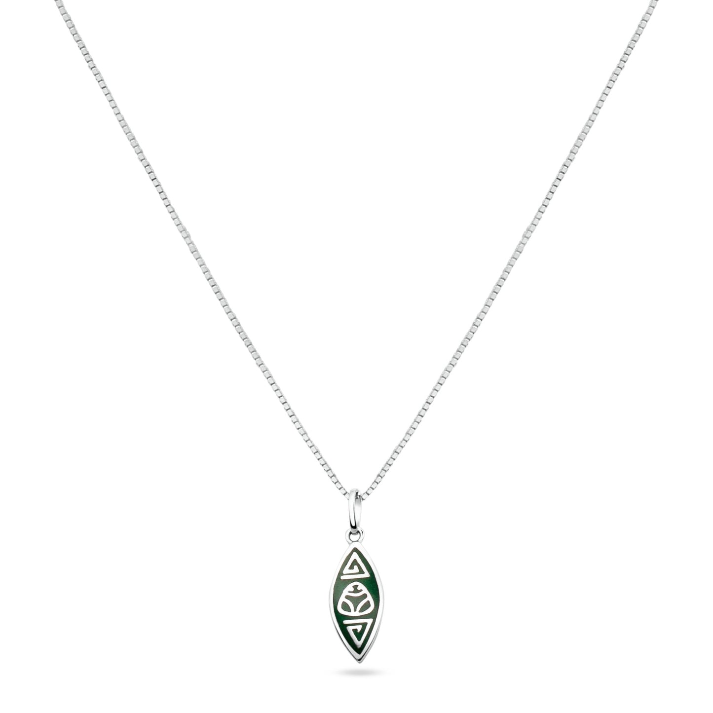 A silver necklace with a canoe-shaped pendant from the Marajoara Collection, featuring a central muiraquitã symbol, held sacred by Amazonian indigenous cultures, accented by triangular forms at each end