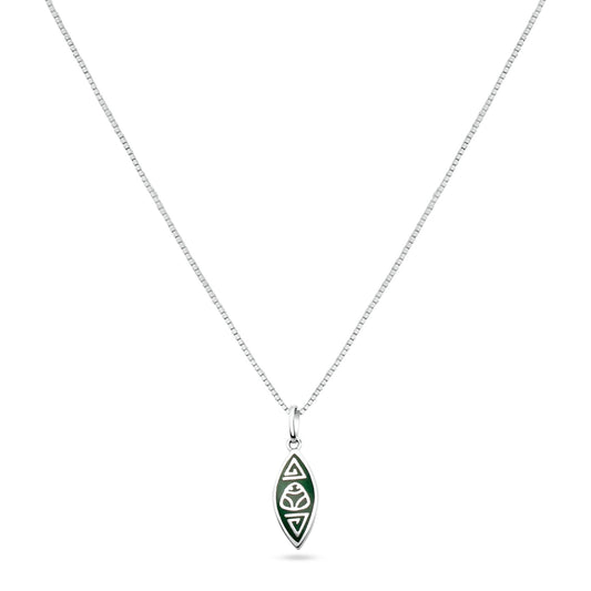 A silver necklace with a canoe-shaped pendant from the Marajoara Collection, featuring a central muiraquitã symbol, held sacred by Amazonian indigenous cultures, accented by triangular forms at each end