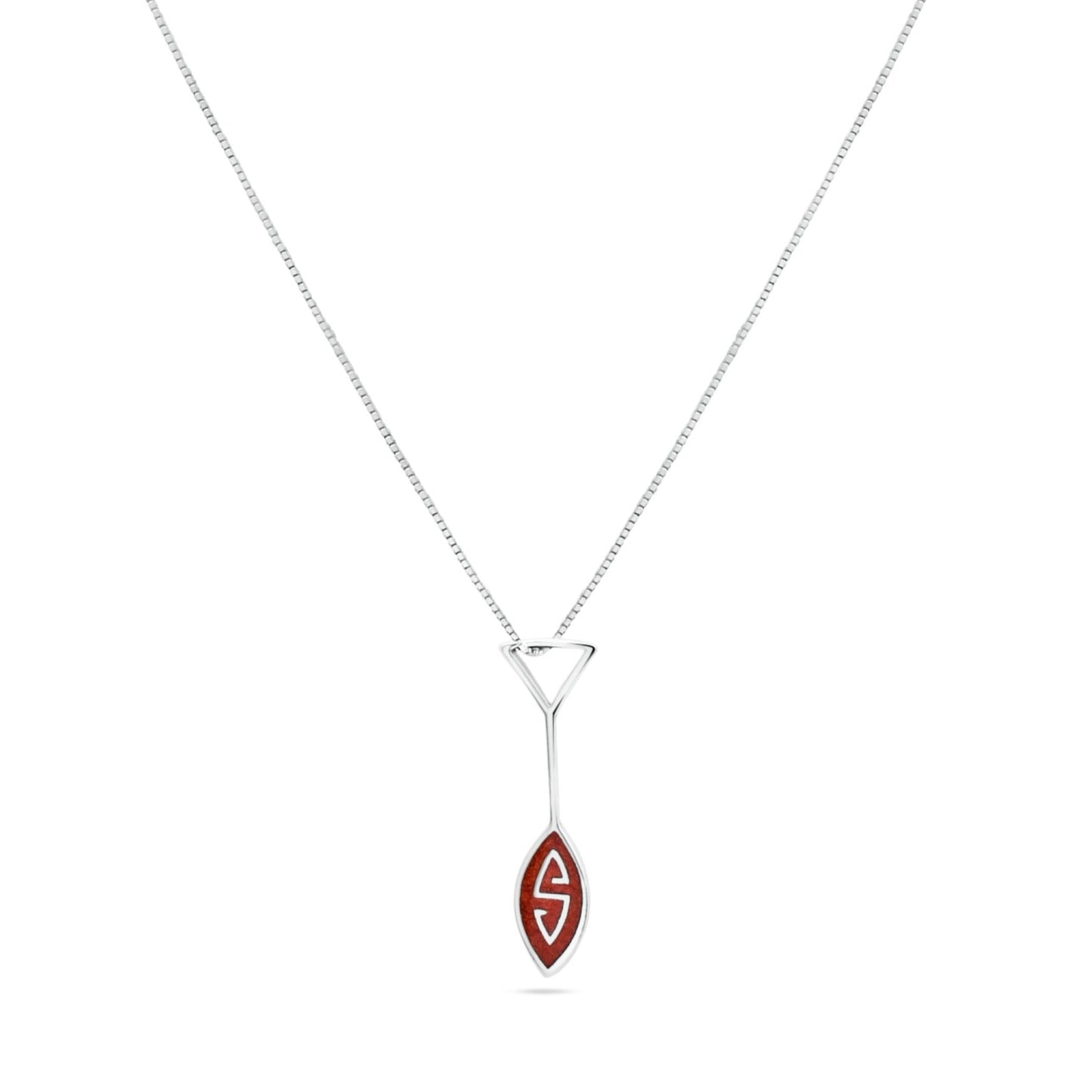 Marajoara pendant necklace: Sterling silver with a brown inlay (local technique). Oar-shaped pendant symbolizes Amazonian navigation.