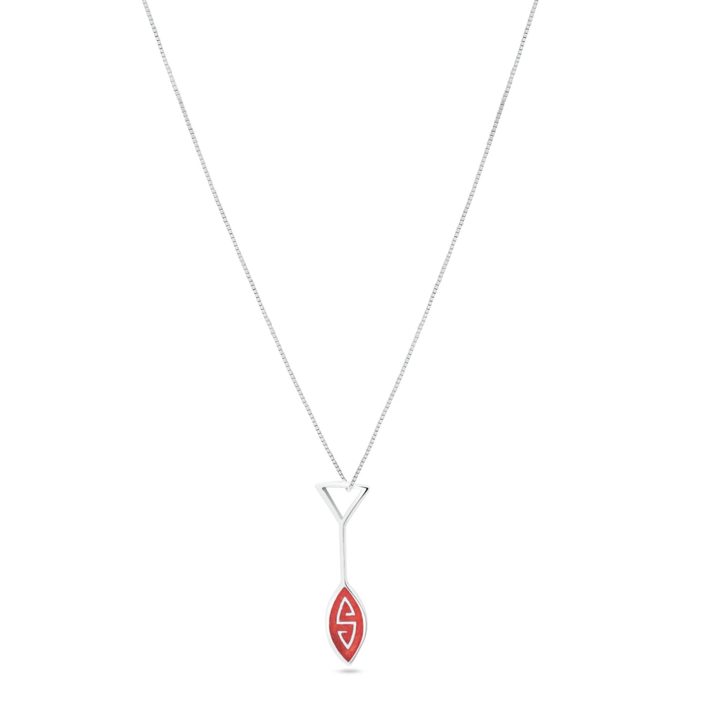 Elegant Marajoara pendant on a silver chain. Handcrafted .925 silver, oar-inspired design symbolizes Amazonian strength. Sparkling salmon inlay created with local, eco-friendly technique.