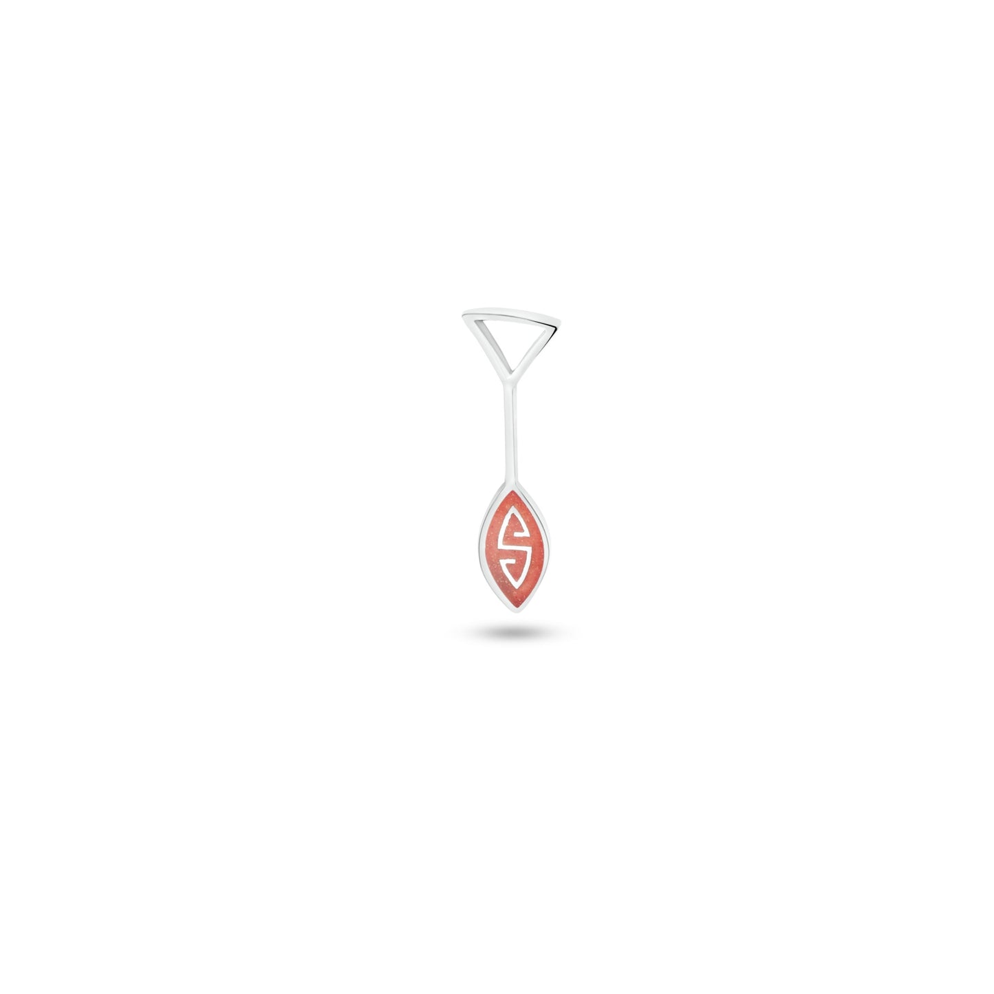 Elegant Marajoara pendant. Handcrafted .925 silver, oar-inspired design symbolizes strength & river journeys.  Sparkling salmon color created with eco-friendly local inlay technique. Unique Amazonian-inspired piece with cultural significance