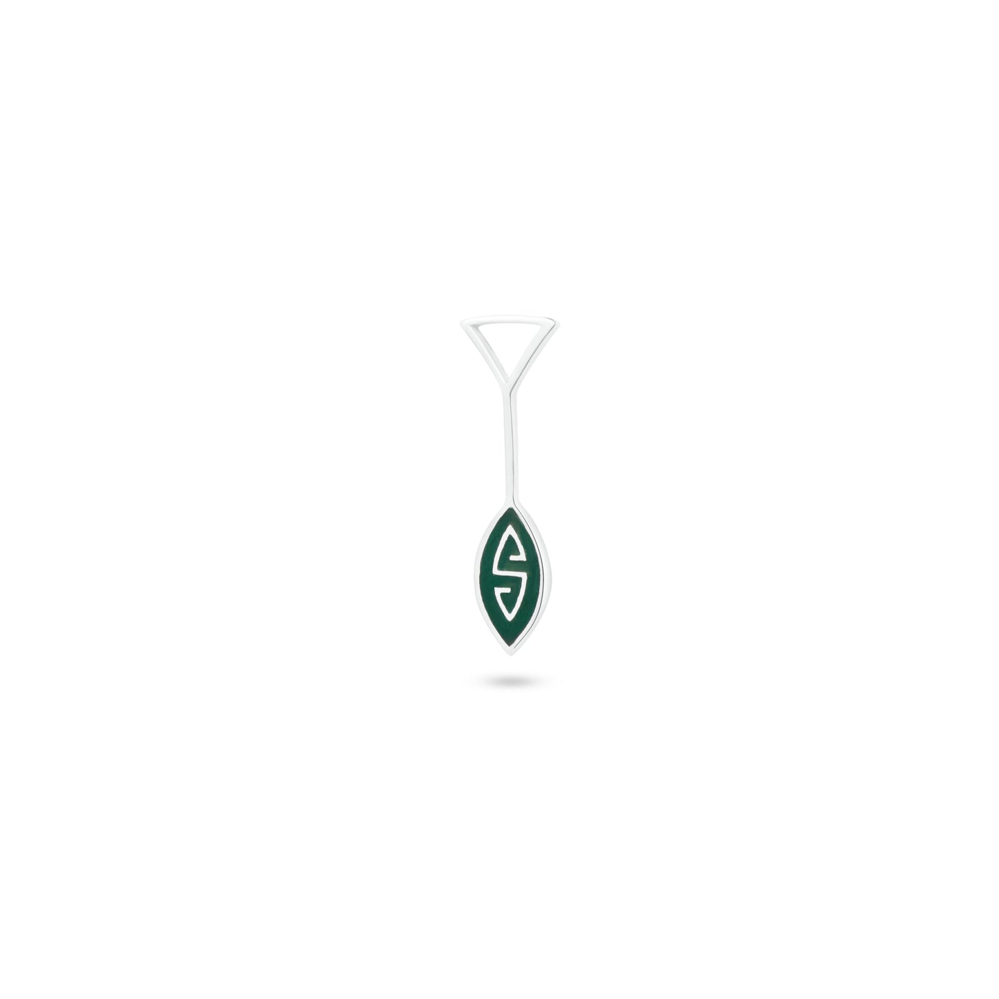 Handcrafted .925 sterling silver Marajoara pendant. Green inlay (local technique) adorns the oar-shaped design.