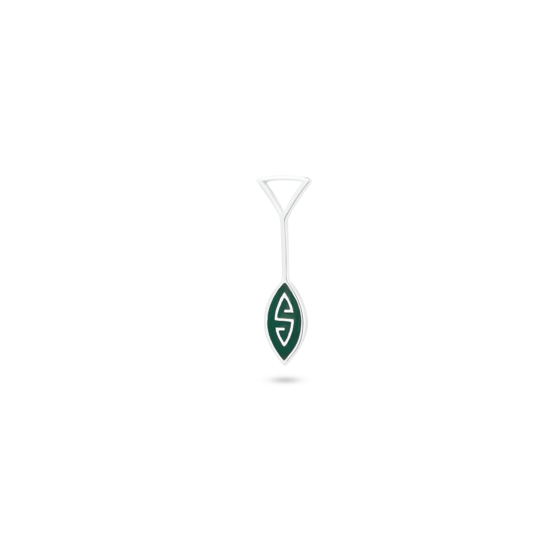 Handcrafted .925 sterling silver Marajoara pendant. Green inlay (local technique) adorns the oar-shaped design.