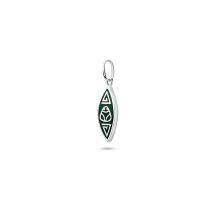 A silver pendant inspired by the Marajoara Collection, shaped like a canoe with a muiraquitã design in the center, representing sacred Amazonian heritage, with triangular details at each tapered end.