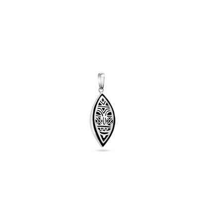 Polished .925 silver 'Sacred Wamiri' pendant inspired by Amazonian spirituality, showcasing protective symbols in a delicate inlay of mineral coal and coconut shell for contrast