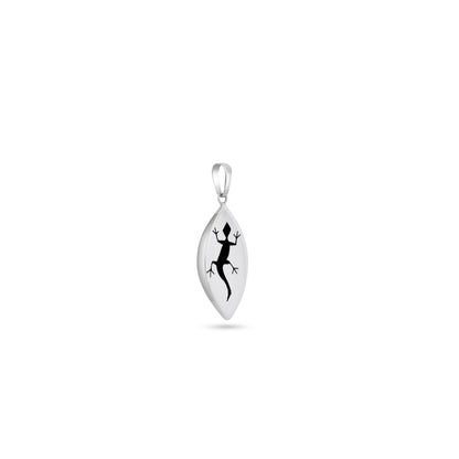 Minimalist .925 silver teardrop-shaped pendant with a silhouette of a lizard, symbolizing adaptation and survival, set against a polished silver background for a striking contrast