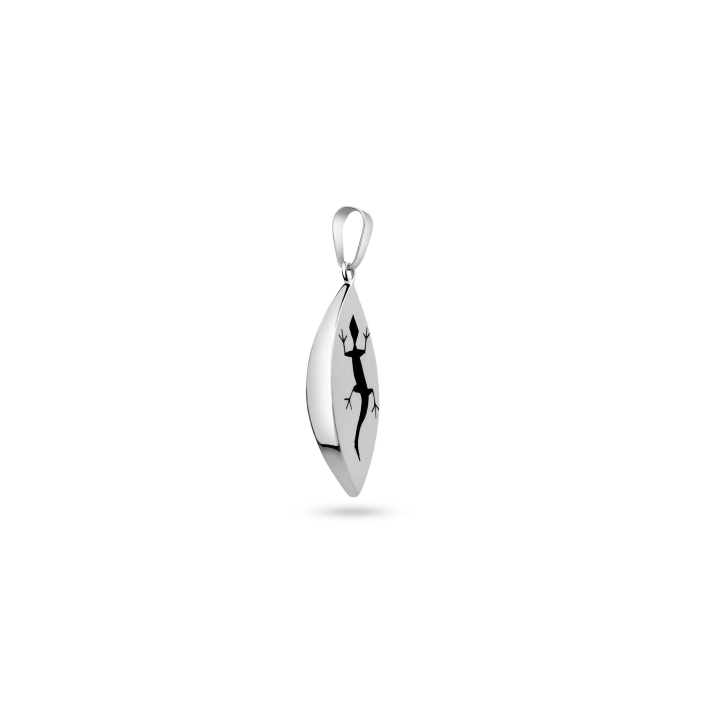 Two sides pendant. This side shows a silver pendant featuring a poised lizard silhouette, embodying agility and renewal, on a lustrous teardrop backdrop