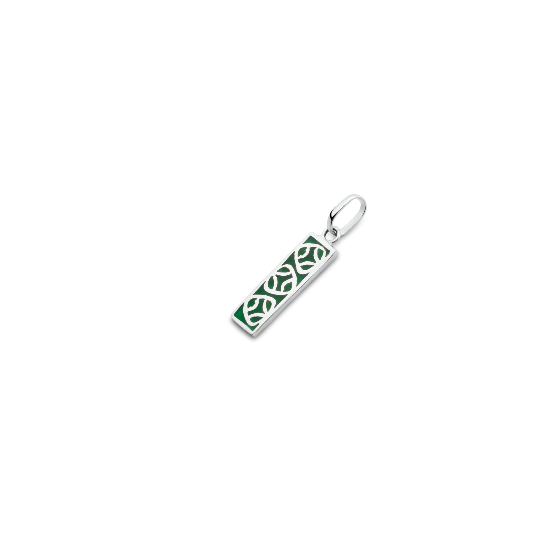 Silver necklace with green malachite inlay pendant. Rectangular shape with intricate cutouts, inspired by Amazonian muiraquitã folklore. Symbolizes luck & connection to nature.