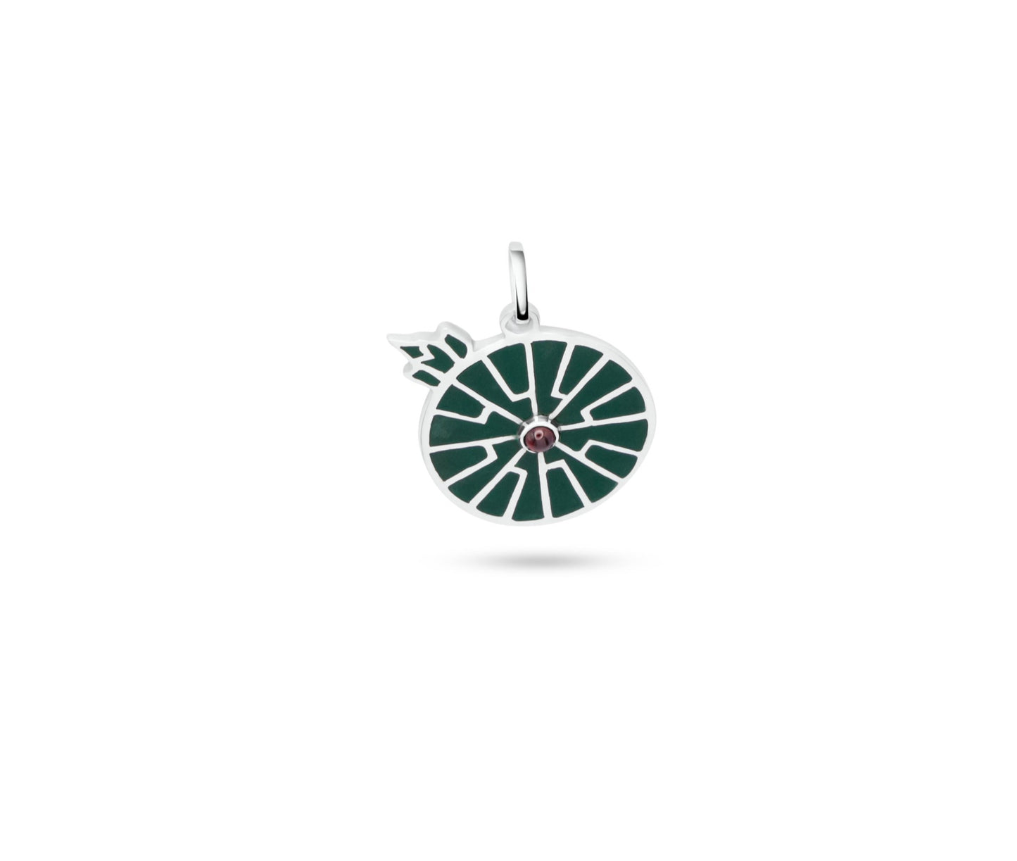 Handcrafted lily pendant. Sterling silver, green inlay, garnet. Inspired by the Amazonian Victoria Amazonica water lily.