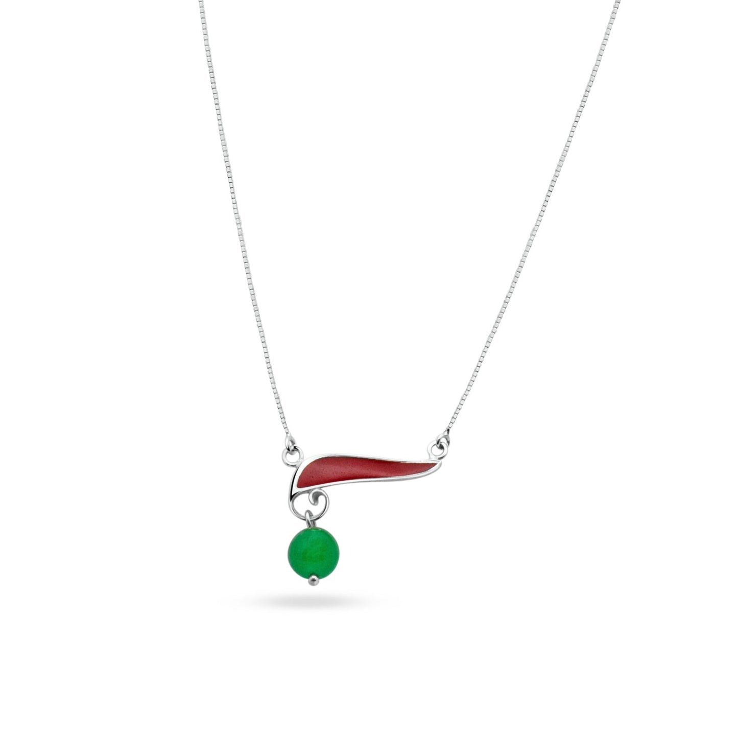 Handmade .925 sterling silver pepper necklace. Red color achieved through local, eco-friendly inlay technique. Green agate gemstone adds vibrance. Symbolizes good fortune.