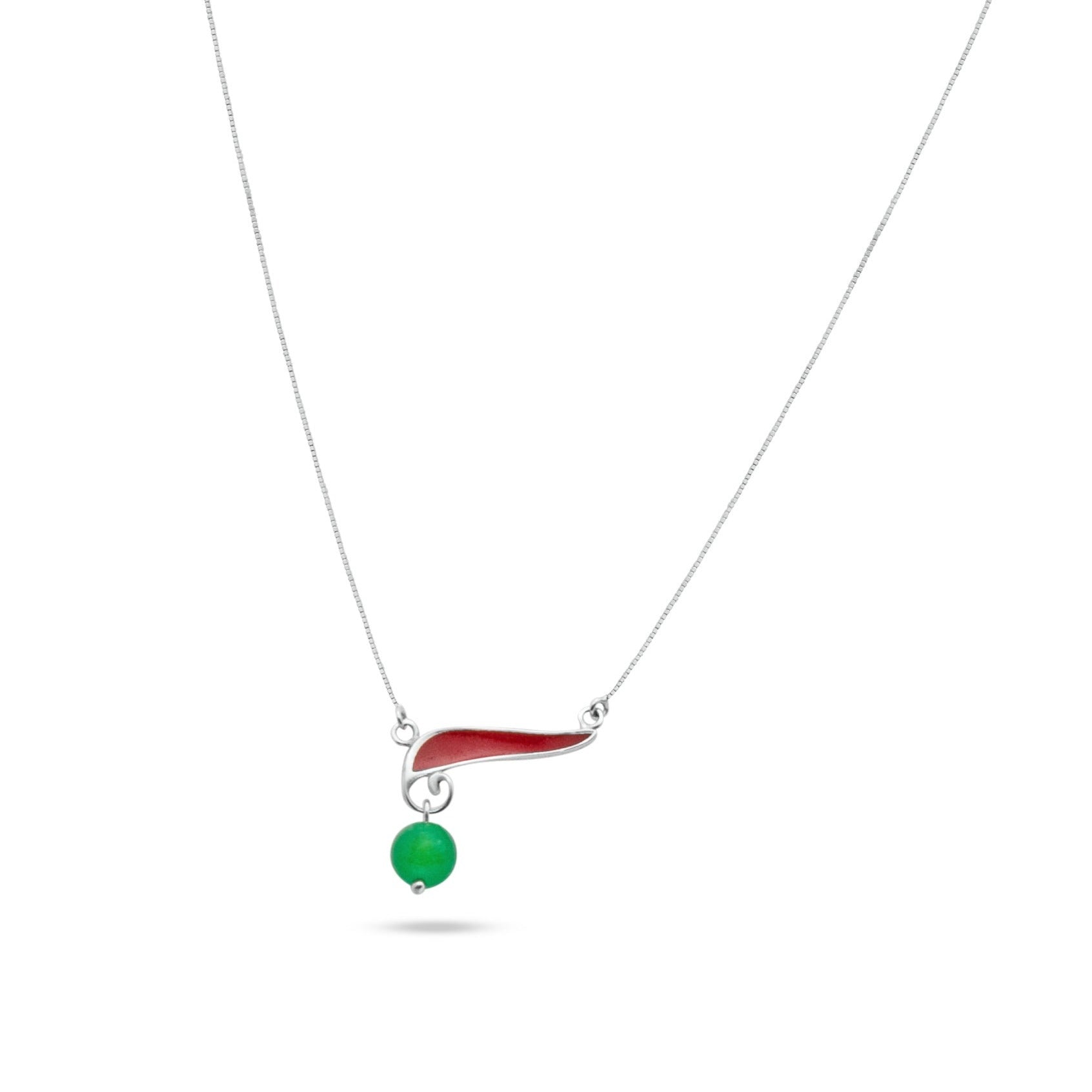 sterling silver necklace featuring a pepper-shaped pendant.  Vibrant red inlay achieved with an eco-friendly local technique. Polished green agate gemstone adds natural elegance.