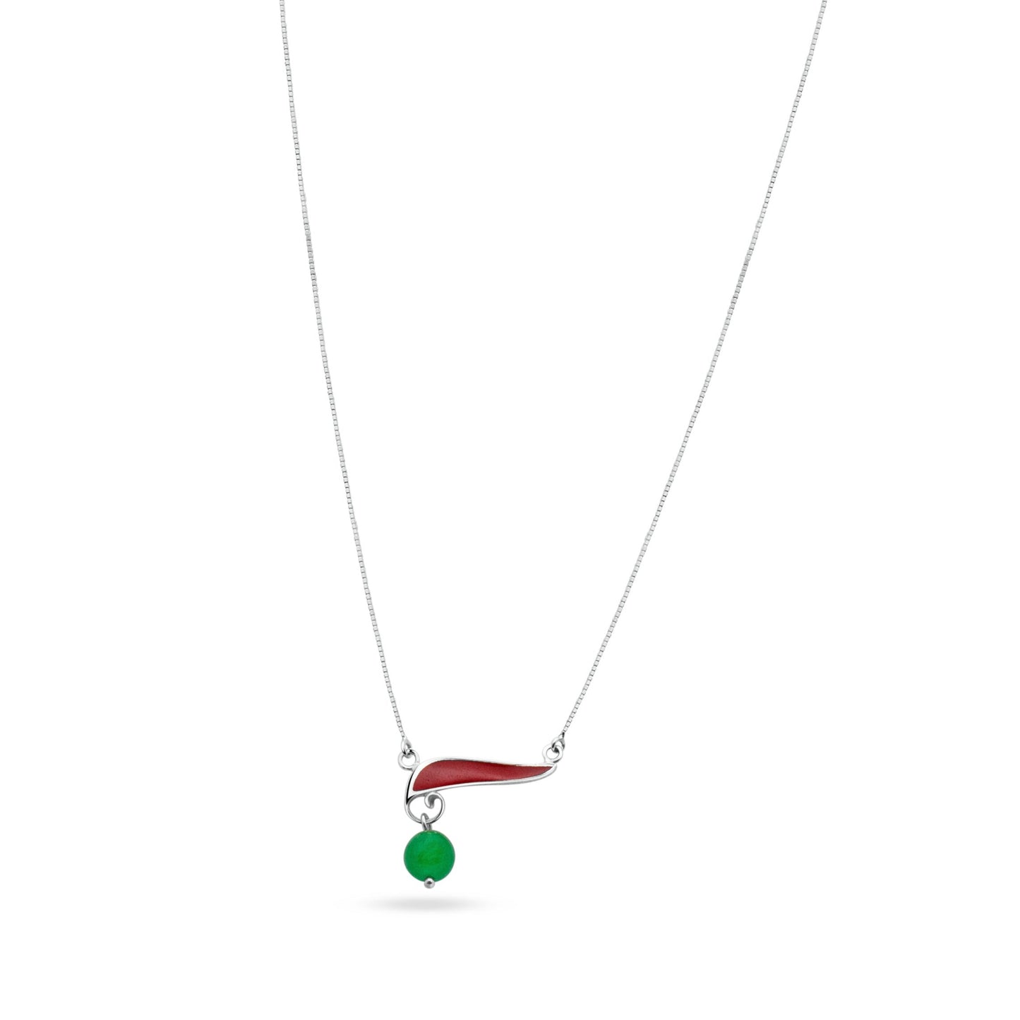 The image displays a .925 sterling silver necklace with a unique pepper-shaped pendant, exhibiting a lustrous red color achieved through eco-friendly methods. Dangling below is a green agate gemstone bead. This piece symbolizes good fortune.