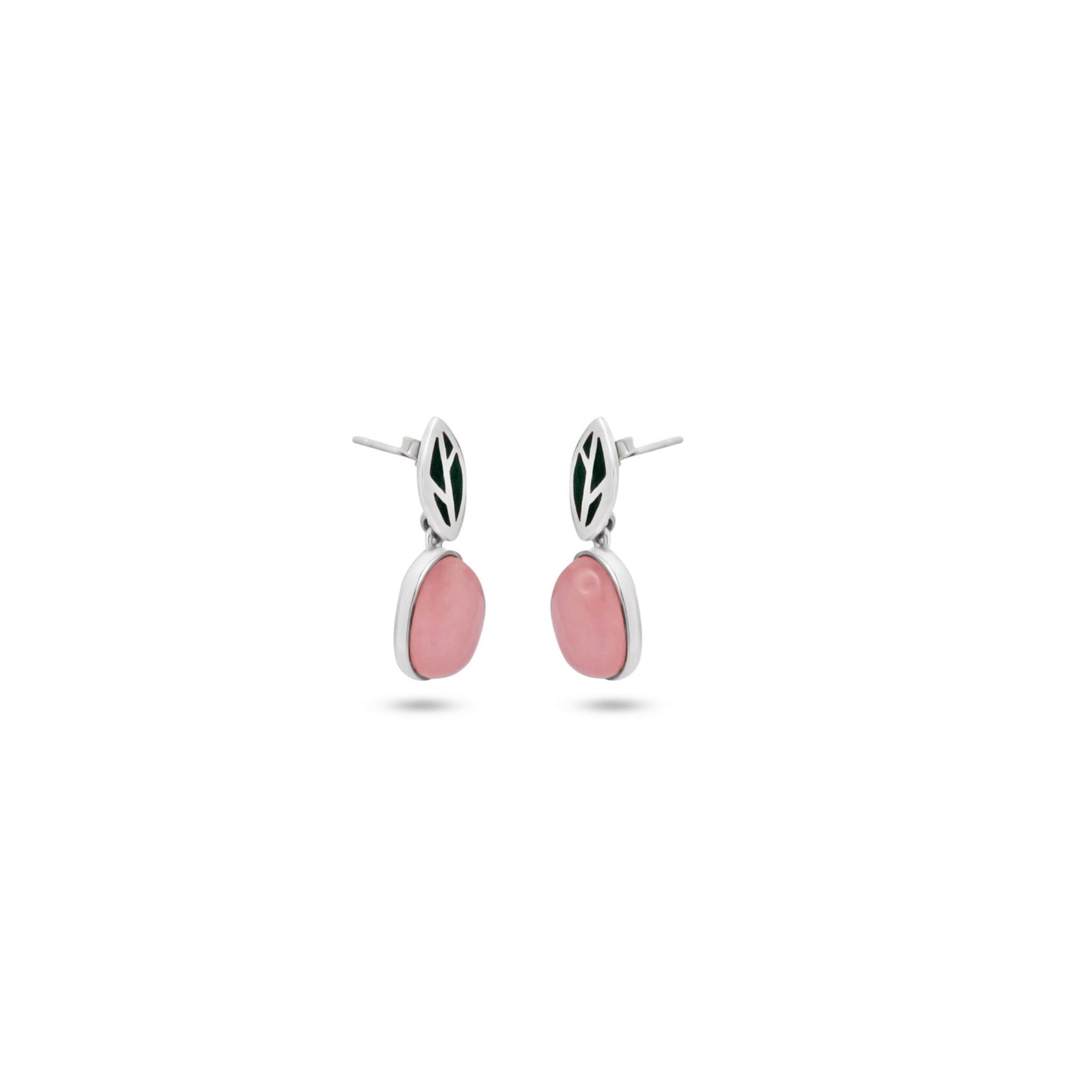 The earrings are positioned vertically with the green leaf-shaped detail at the top and the oval rose quartz pink stones hanging directly below.