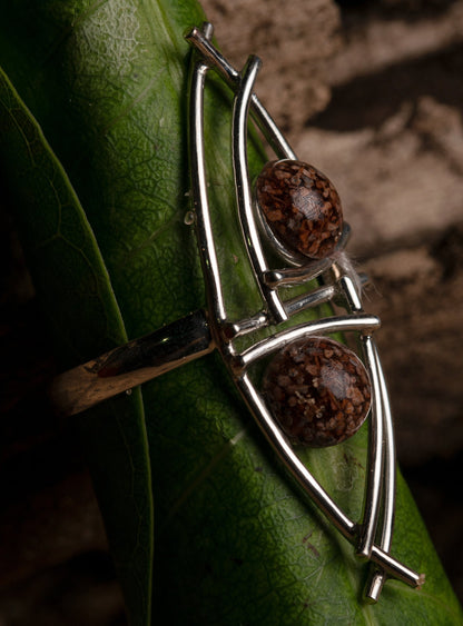 Silver Water Mirror ring featuring twin açaí seeds set amidst natural Amazonian elements in an artistic design.