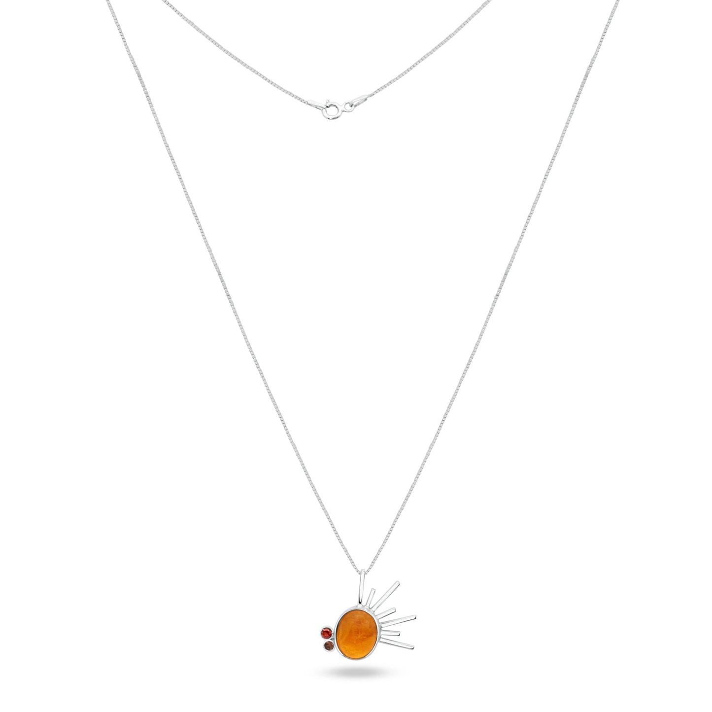 Sterling silver necklace with a radiant sun pendant, featuring a golden tucupi gemstone center and garnet, smoky quartz accents on a white background.